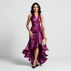 Maxikleid für Damen mit Wickeloptik mit Bindegürtel aus Satin Lila 4