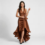 Maxikleid für Damen mit Wickeloptik mit Bindegürtel aus Satin Braun 6