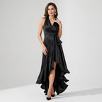 Maxikleid für Damen mit Wickeloptik mit Bindegürtel aus Satin Schwarz 7