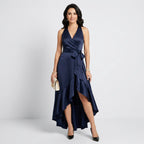 Maxikleid für Damen mit Wickeloptik mit Bindegürtel aus Satin Dunkelblau 8