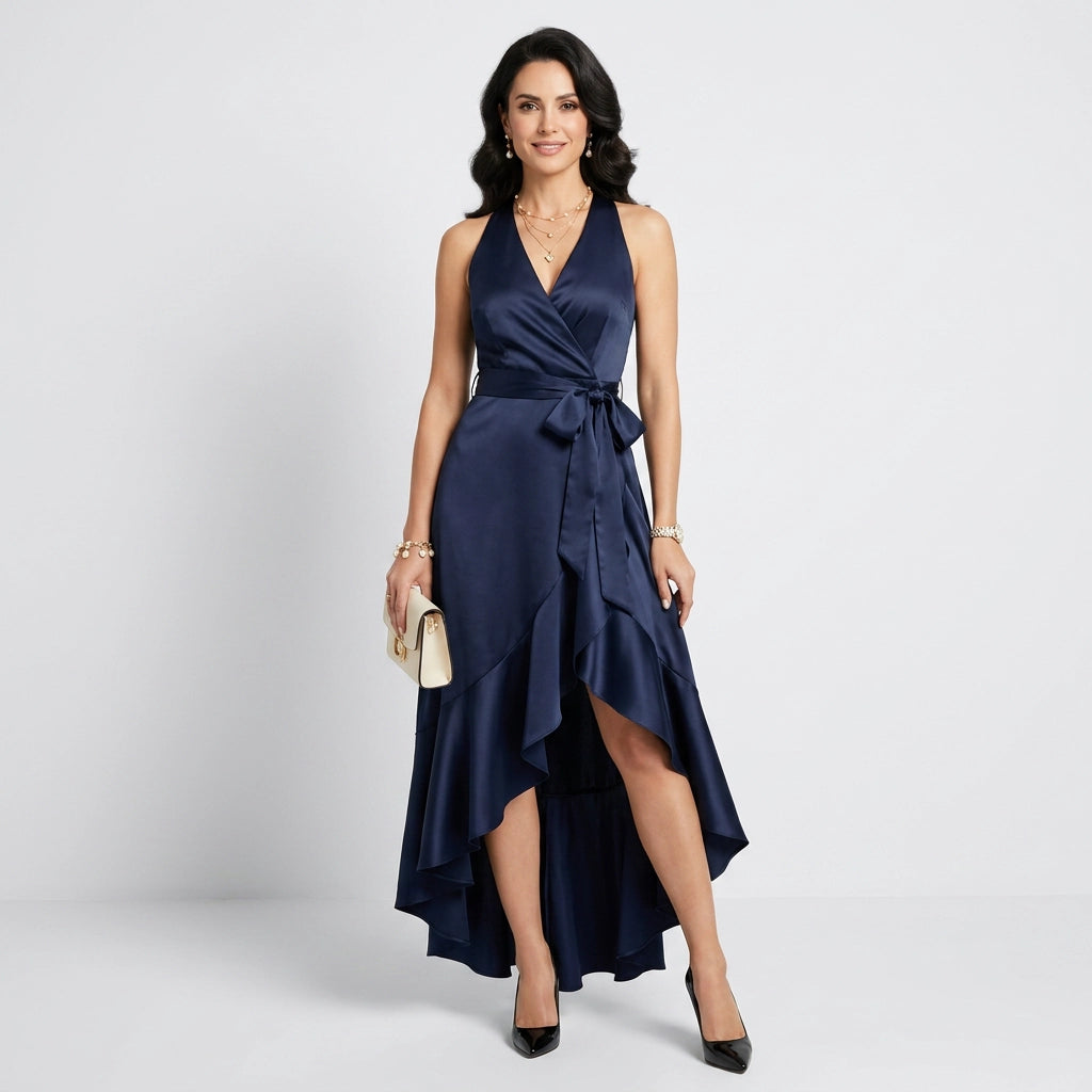Maxikleid für Damen mit Wickeloptik mit Bindegürtel aus Satin Dunkelblau 8