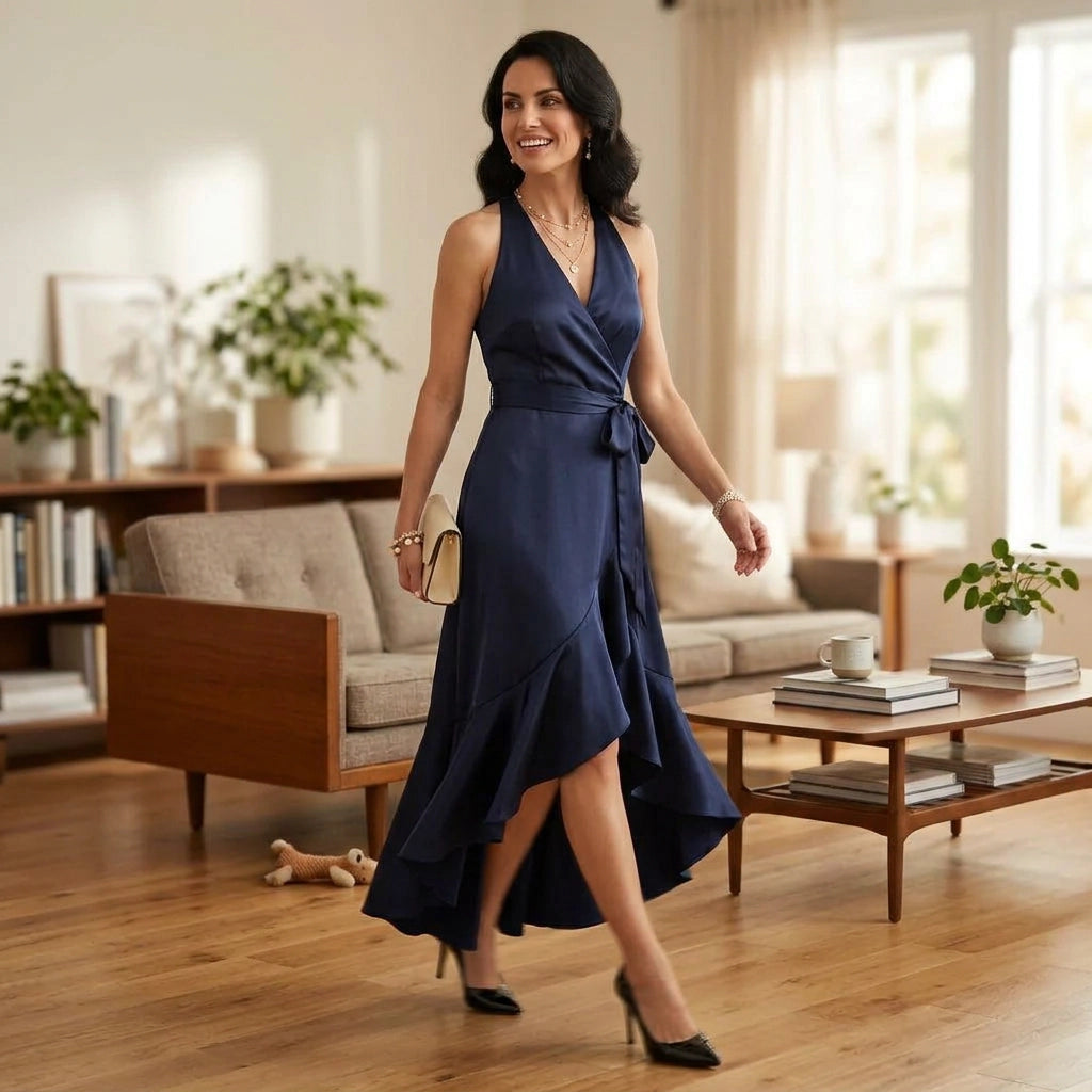Maxikleid für Damen mit Wickeloptik mit Bindegürtel aus Satin 9