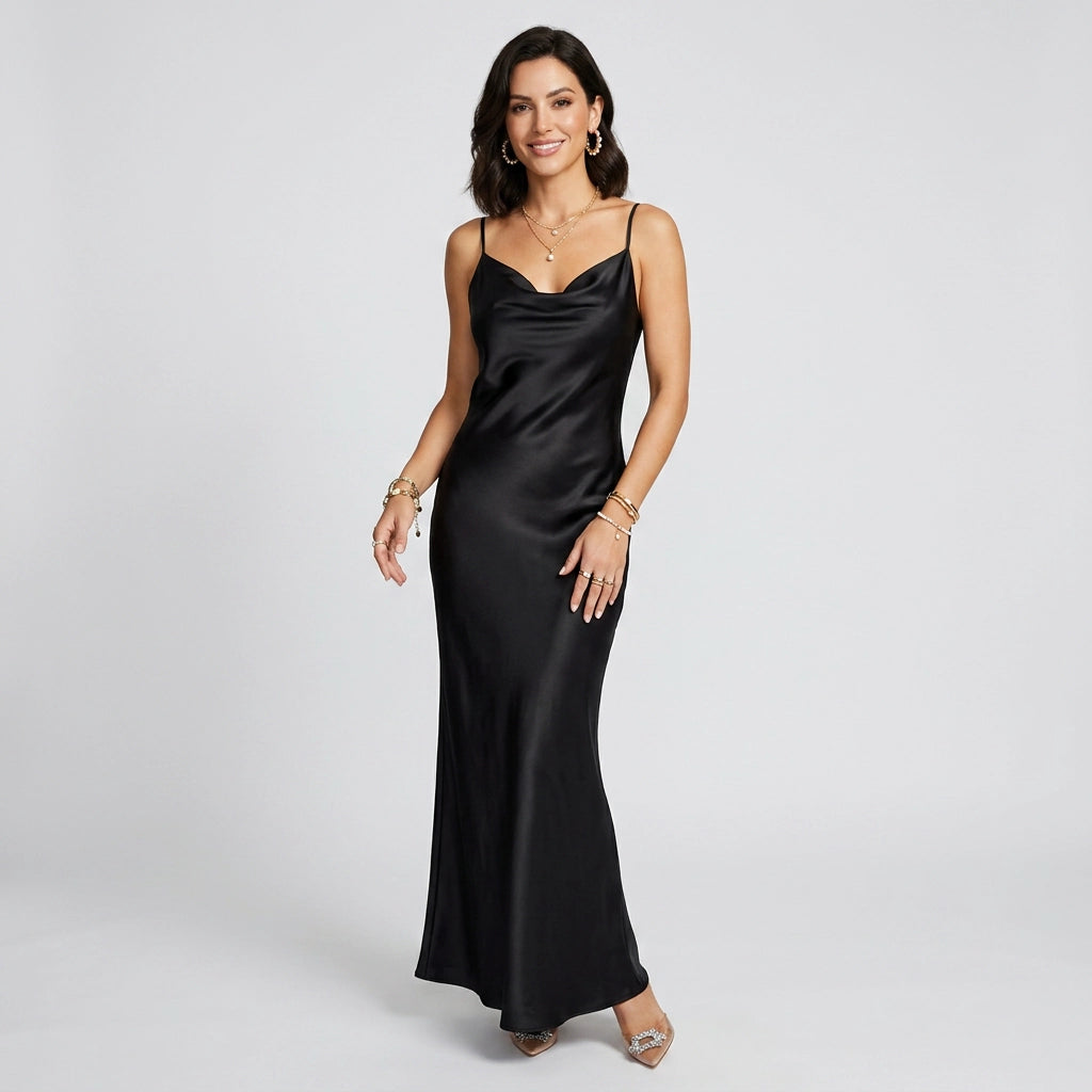 Midikleid für Damen im figurbetonten Stil mit Wasserfallausschnitt aus Satin Schwarz 2