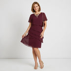 Midikleid für Damen im Stufenkleid-Design mit kurzen Ärmeln aus Chiffon Rot 1
