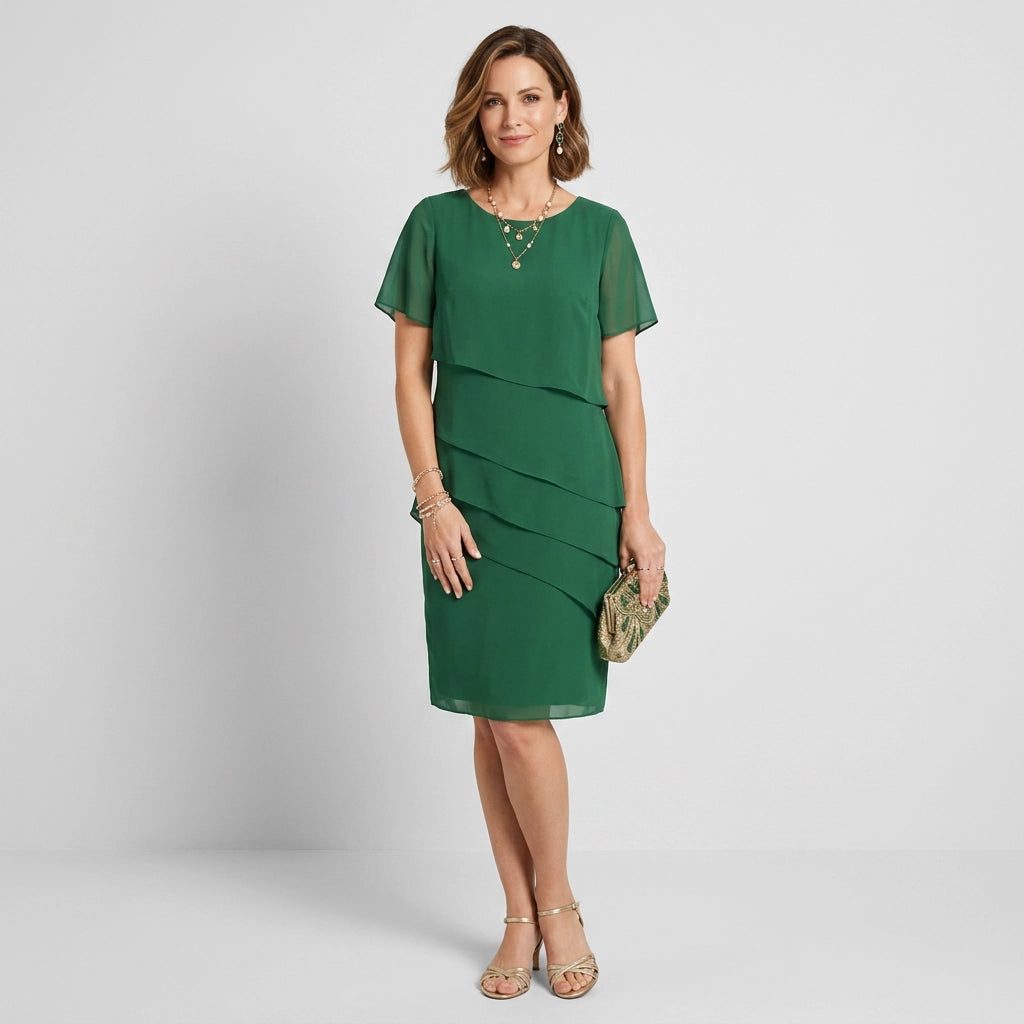 Midikleid für Damen im Stufenkleid-Design mit kurzen Ärmeln aus Chiffon Grün 2