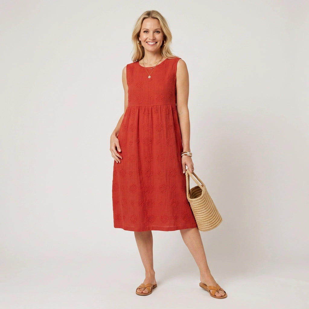 Midikleid für Damen in A-Linie ärmellos aus Leinen Rot 1