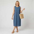 Midikleid für Damen in A-Linie ärmellos aus Leinen Blau 2