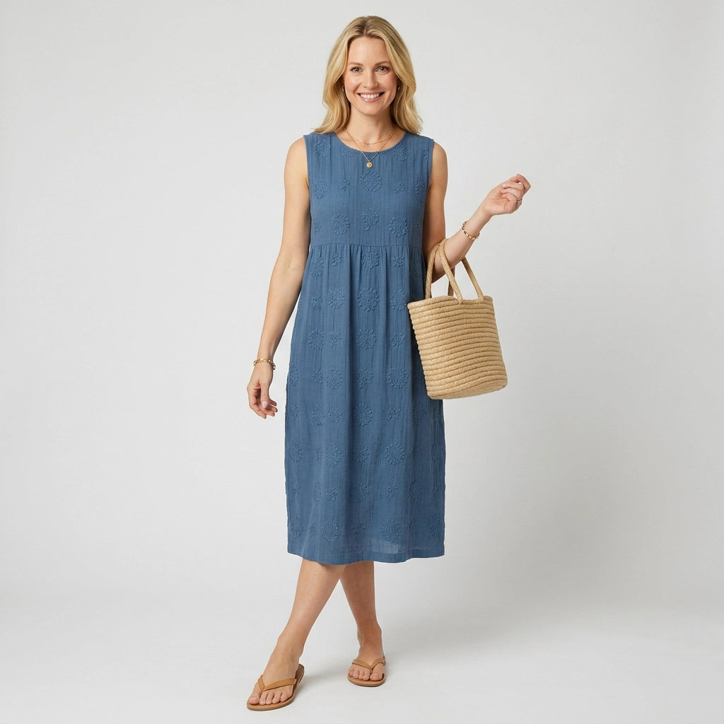 Midikleid für Damen in A-Linie ärmellos aus Leinen Blau 2