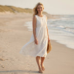 Midikleid für Damen in A-Linie ärmellos aus Leinen Weiß 7