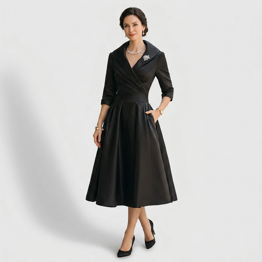 Midikleid für Damen in A-Linie in Wickeloptik Schwarz 1