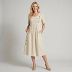 Midikleid für Damen in A-Linie mit kurzen Ärmeln und Knöpfen Beige 1