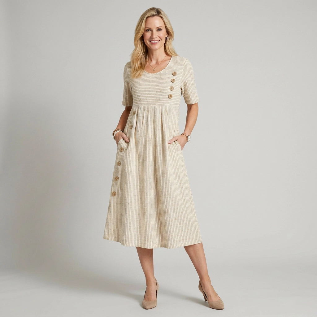 Midikleid für Damen in A-Linie mit kurzen Ärmeln und Knöpfen Beige 1
