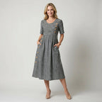 Midikleid für Damen in A-Linie mit kurzen Ärmeln und Knöpfen Grau 2