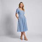 Midikleid für Damen in A-Linie mit kurzen Ärmeln und Knöpfen Blau 5