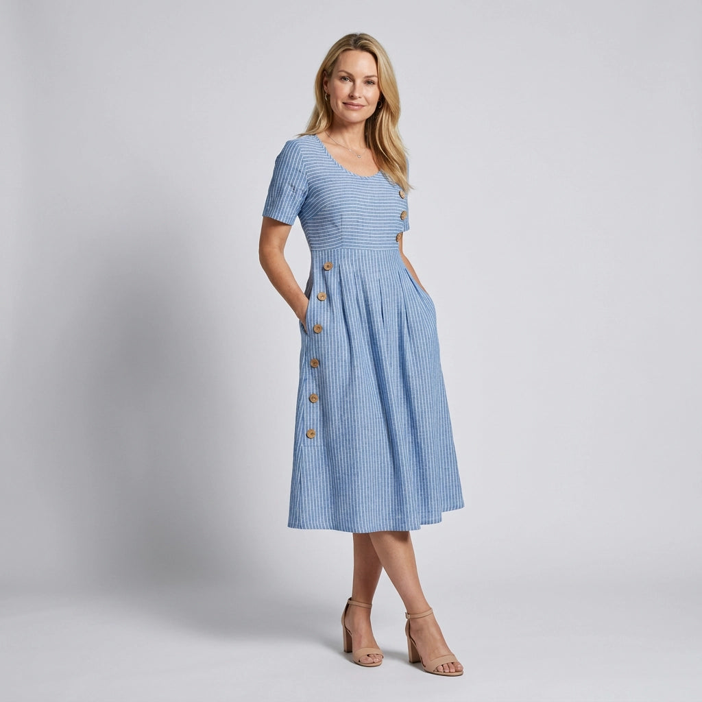Midikleid für Damen in A-Linie mit kurzen Ärmeln und Knöpfen Blau 5