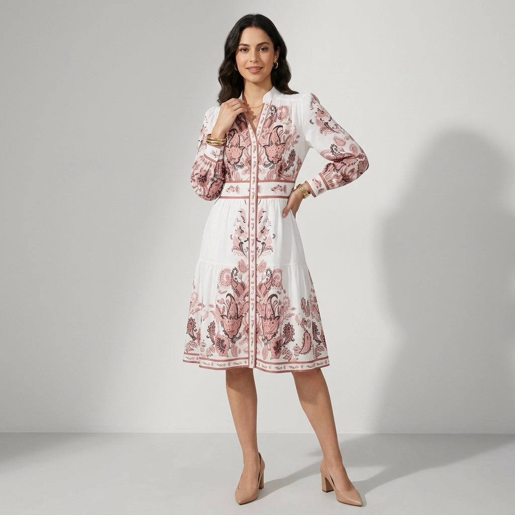 Midikleid für Damen in A-Linie mit Langarm im Stehkragen-Stil Weiß 2