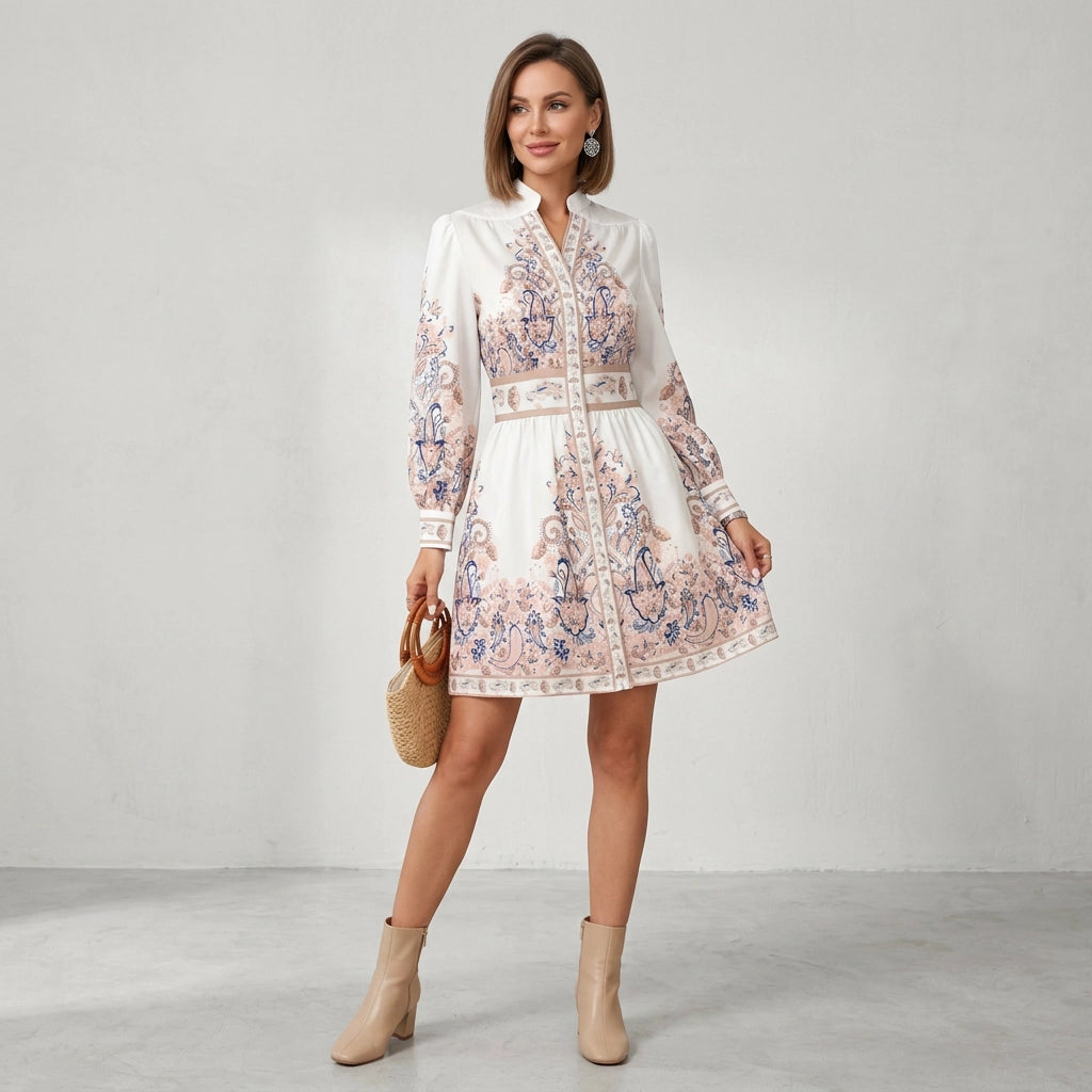 Midikleid für Damen in A-Linie mit Langarm im Stehkragen-Stil Weiß 4