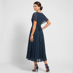 Midikleid für Damen in A-Linie mit V-Ausschnitt aus Chiffon Dunkelblau 1