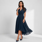 Midikleid für Damen in A-Linie mit V-Ausschnitt aus Chiffon Dunkelblau 3