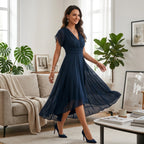 Midikleid für Damen in A-Linie mit V-Ausschnitt aus Chiffon 4