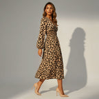 Midikleid für Damen in A-Linie mit V-Ausschnitt in Langarm-Form Braun 1