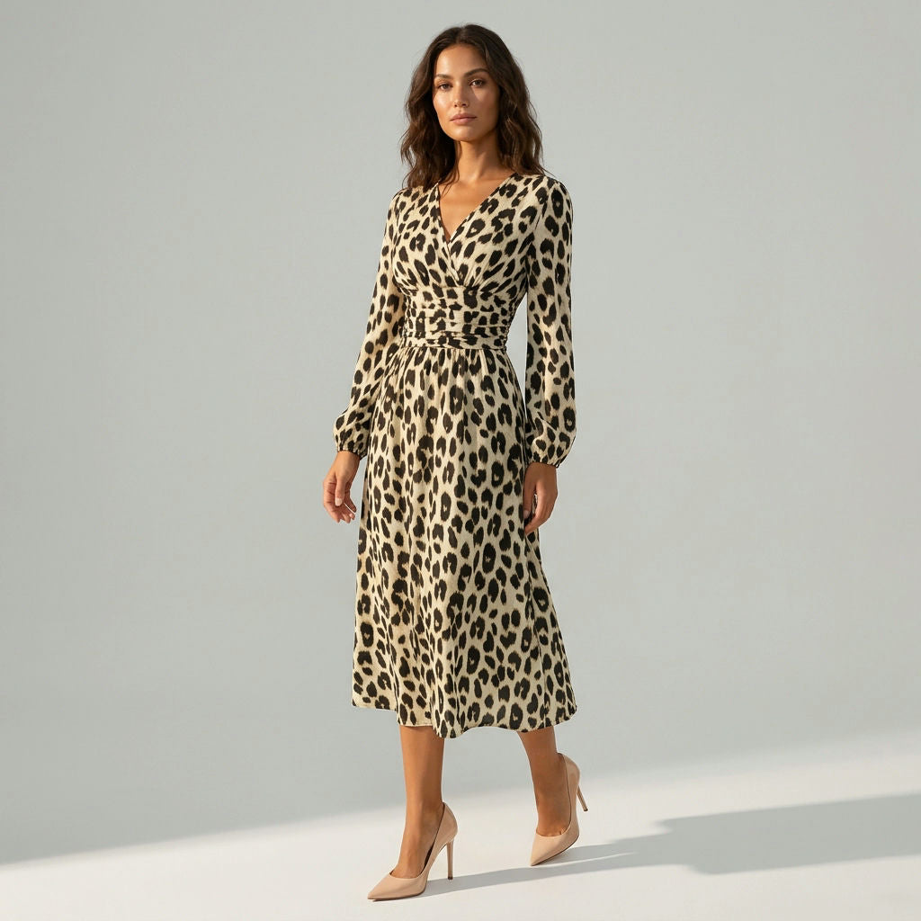 Midikleid für Damen in A-Linie mit V-Ausschnitt in Langarm-Form Beige 3