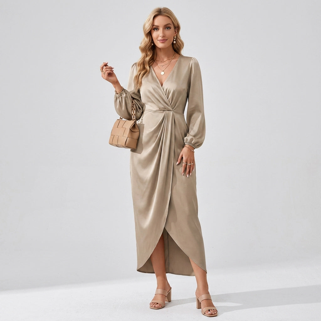 Midikleid für Damen mit Wickeloptik mit V-Ausschnitt aus Satin Beige 1