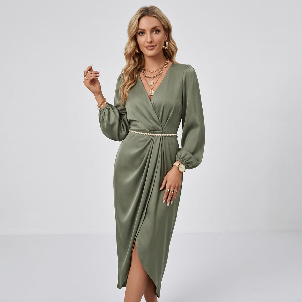 Midikleid für Damen mit Wickeloptik mit V-Ausschnitt aus Satin Grün 3
