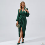 Midikleid für Damen mit Wickeloptik mit V-Ausschnitt aus Satin Dunkelgrün 4