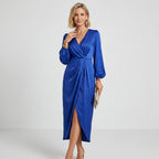Midikleid für Damen mit Wickeloptik mit V-Ausschnitt aus Satin Dunkelblau 5
