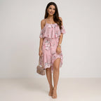 Minikleid für Damen in A-Linie mit Puffärmeln und Rüschen Rosa 6