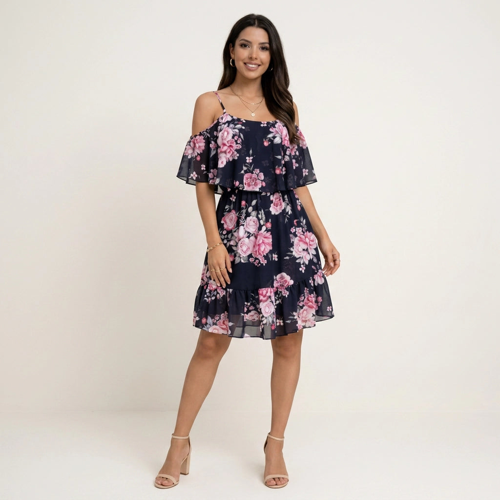 Minikleid für Damen in A-Linie mit Puffärmeln und Rüschen Schwarz 7