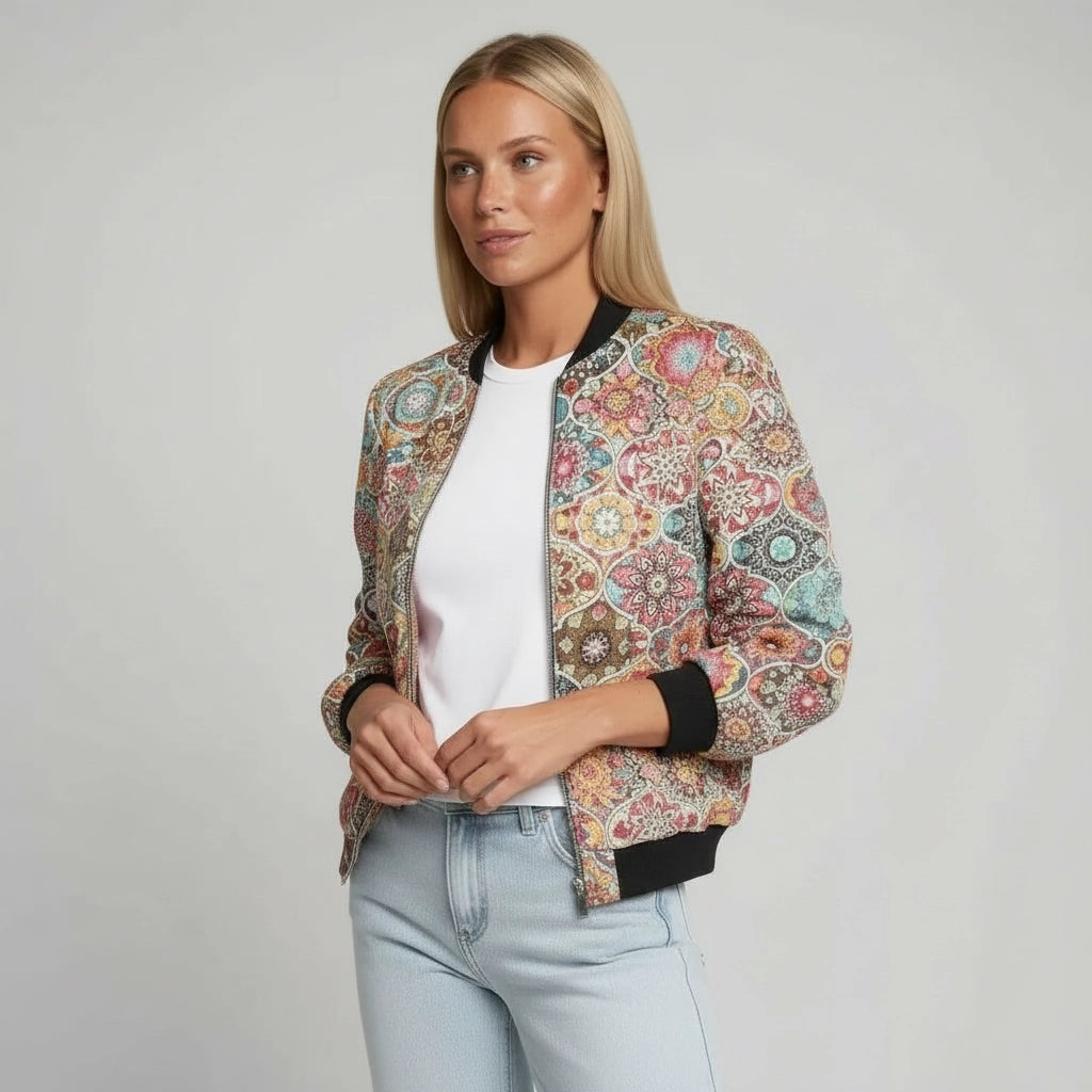 Leichte bunte Jacke für Damen mit Bündchen und Reißverschluss