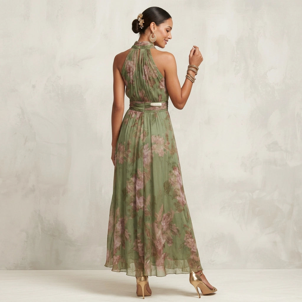 Neckholder Kleid für Damen in langer Form mit A-Linie in Blumenprint Grün 1