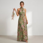Neckholder Kleid für Damen in langer Form mit A-Linie in Blumenprint Grün 2