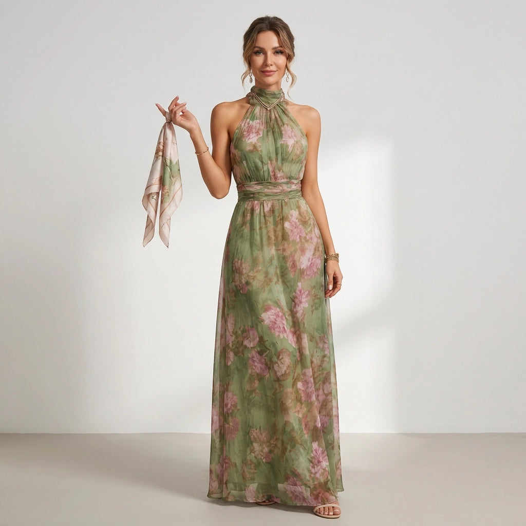 Neckholder Kleid für Damen in langer Form mit A-Linie in Blumenprint Grün 2