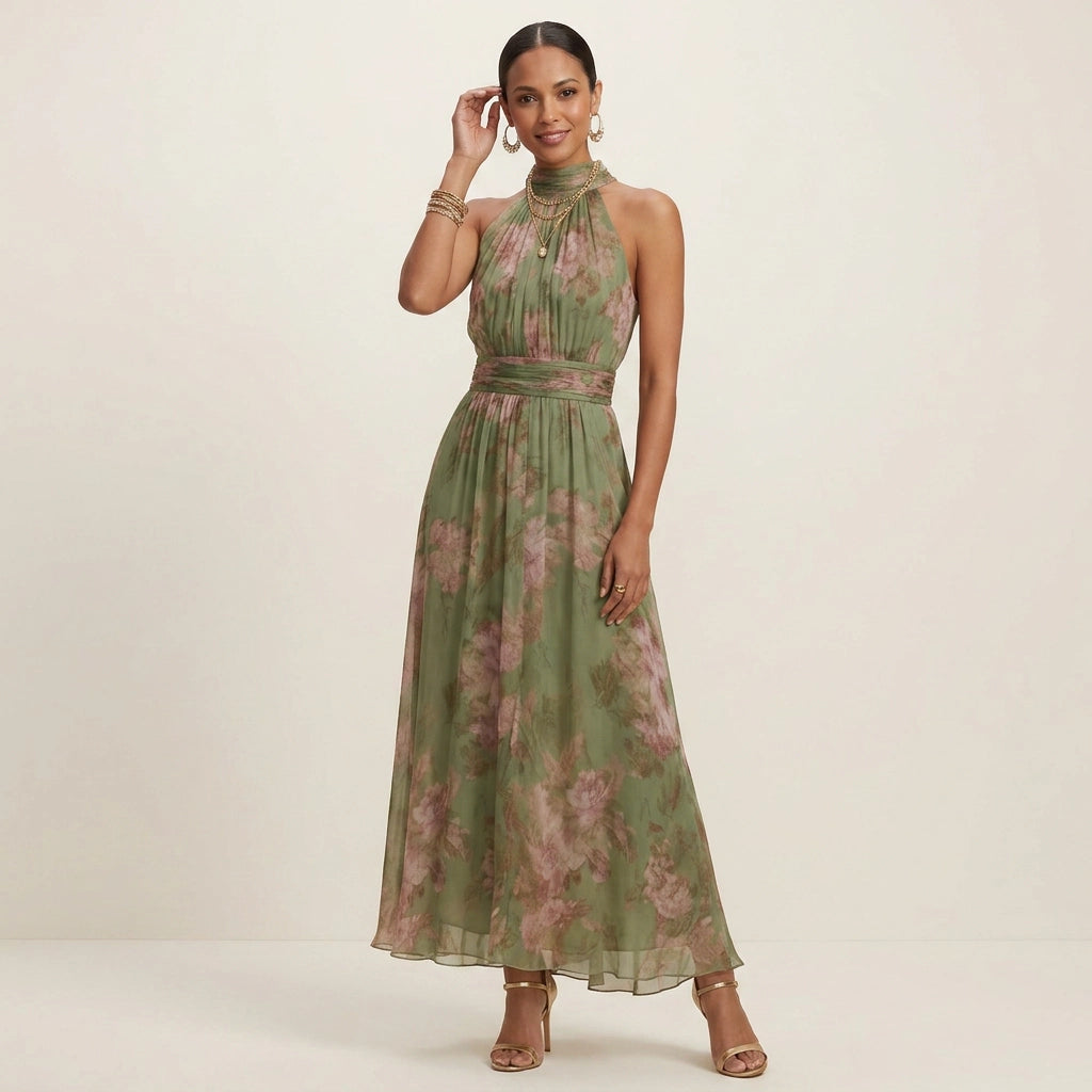 Neckholder Kleid für Damen in langer Form mit A-Linie in Blumenprint Grün 3