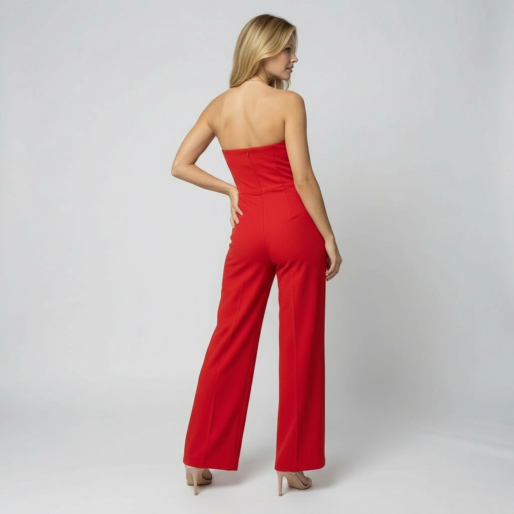 Eleganter Damen Jumpsuit trägerlos mit weitem Bein und strukturiertem Dekolleté