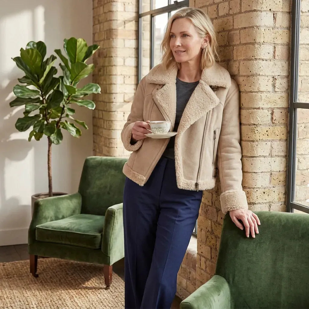Pilotenjacke für Damen aus Kunstleder mit Teddyfutter für Winter Hellbraun 1