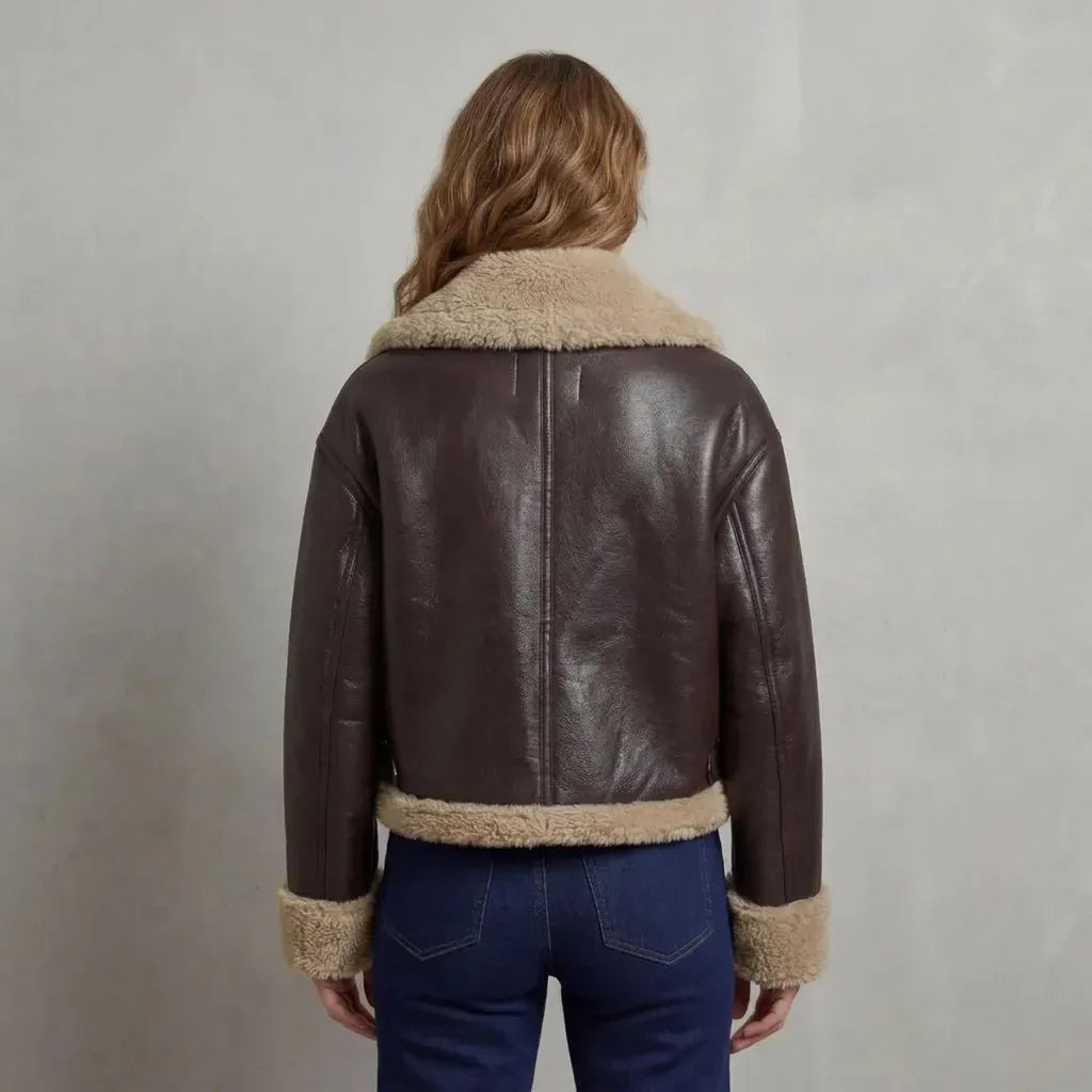 Pilotenjacke für Damen aus Kunstleder mit Teddyfutter für Winter Braun 2