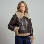 Pilotenjacke für Damen aus Kunstleder mit Teddyfutter für Winter Braun 3