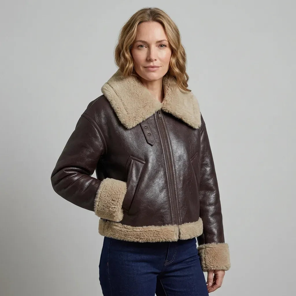 Pilotenjacke für Damen aus Kunstleder mit Teddyfutter für Winter Braun 3