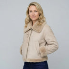 Pilotenjacke für Damen aus Kunstleder mit Teddyfutter für Winter Beige 4
