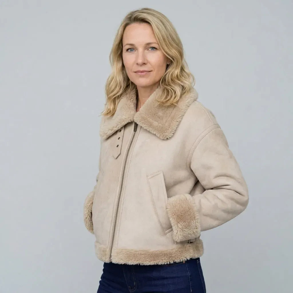 Pilotenjacke für Damen aus Kunstleder mit Teddyfutter für Winter Beige 4