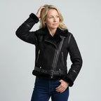 Pilotenjacke für Damen aus Kunstleder mit Teddyfutter für Winter Schwarz 6