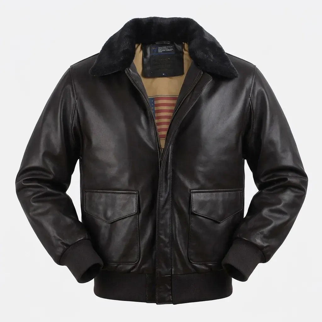 Pilotenjacke für Herren aus Leder mit Fellkragen im Top-Gun-Stil Schwarz 1