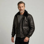 Pilotenjacke für Herren aus Leder mit Fellkragen im Top-Gun-Stil Schwarz 2