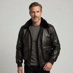Pilotenjacke für Herren aus Leder mit Fellkragen im Top-Gun-Stil Schwarz 3