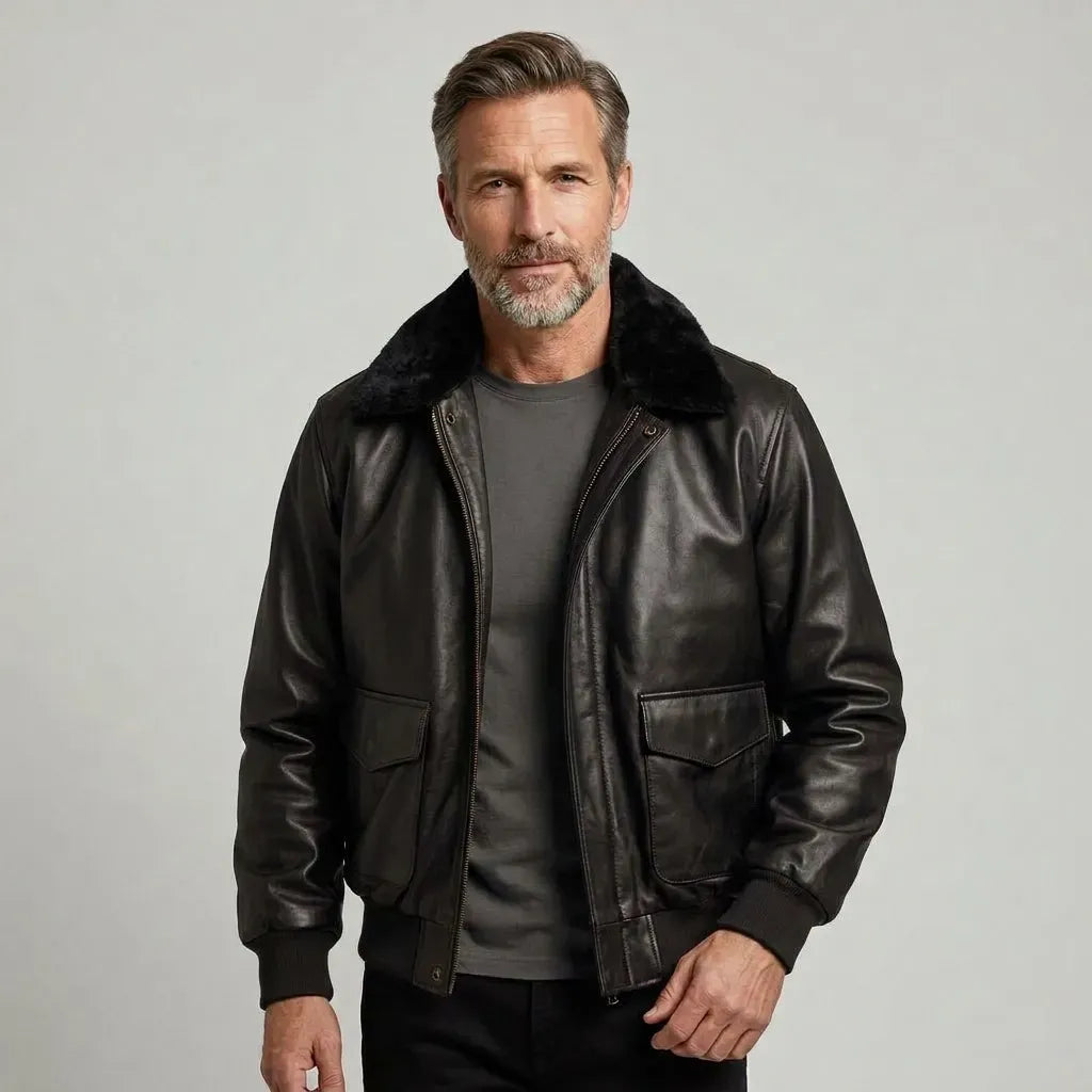 Pilotenjacke für Herren aus Leder mit Fellkragen im Top-Gun-Stil Schwarz 3