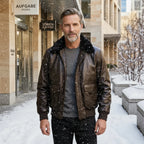 Pilotenjacke für Herren aus Leder mit Fellkragen im Top-Gun-Stil Schwarz 8